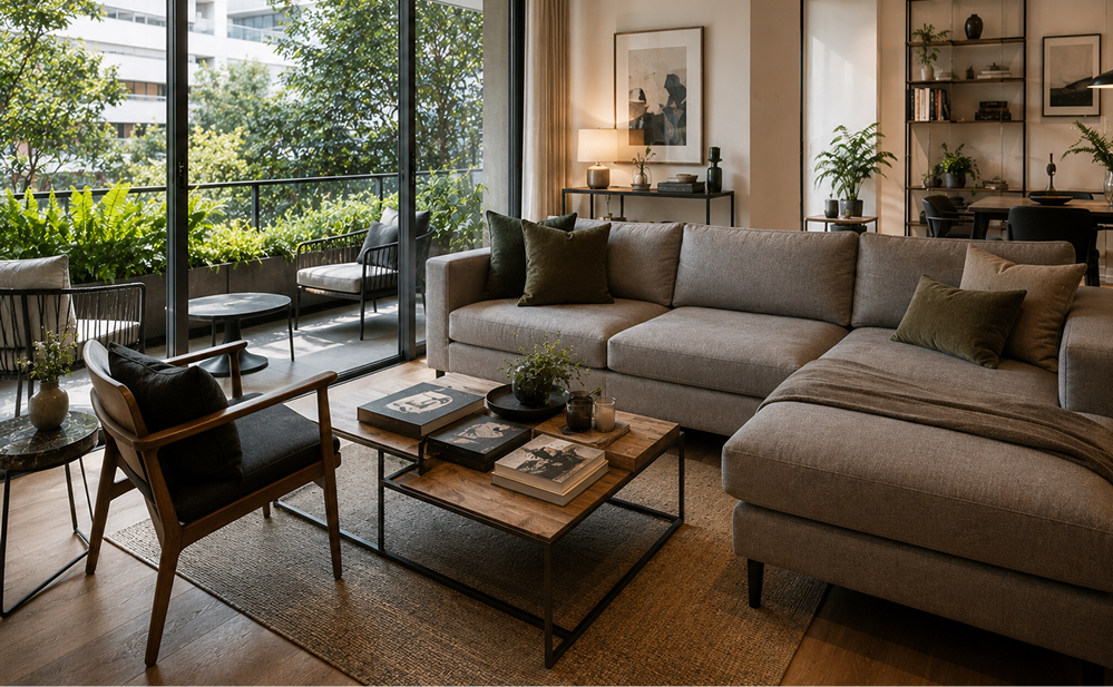 Sala de estar moderna y elegante en un departamento de lujo en Polanco, Ciudad de México, con grandes ventanales, terraza con vegetación y diseño interior contemporáneo.