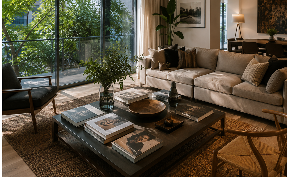Sala moderna y elegante de un departamento en Polanco, Ciudad de México, con grandes ventanales, muebles contemporáneos y vista a áreas verdes exteriores.