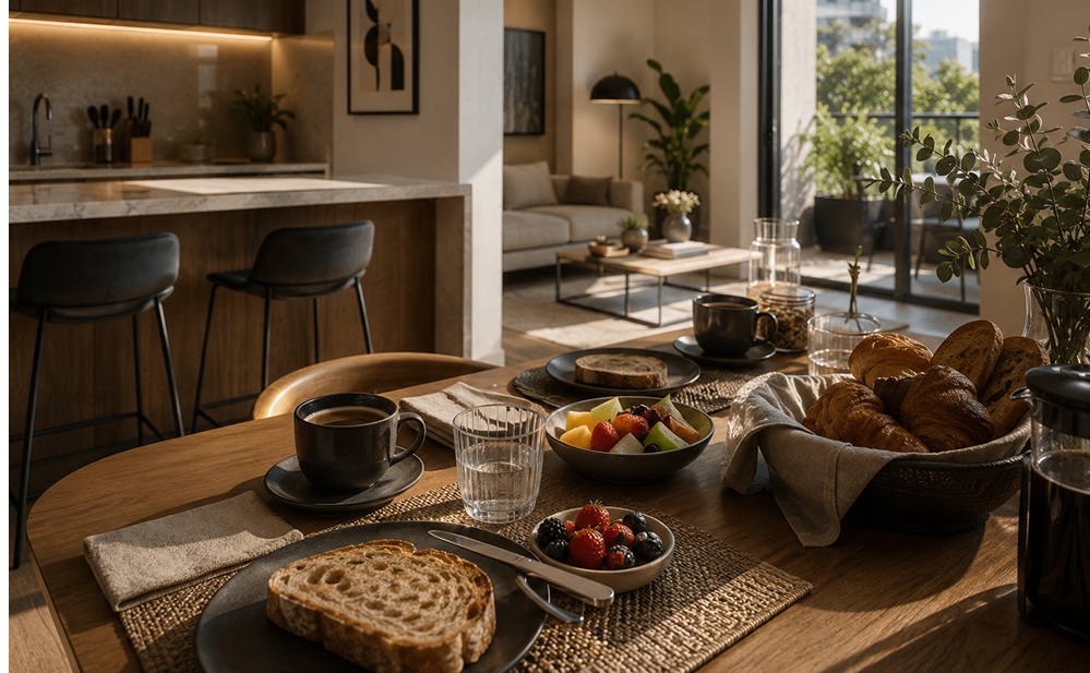 Mesa de desayuno elegante en un departamento moderno de Polanco, Ciudad de México, con café, pan artesanal, frutas y una sala contemporánea iluminada por luz natural.
