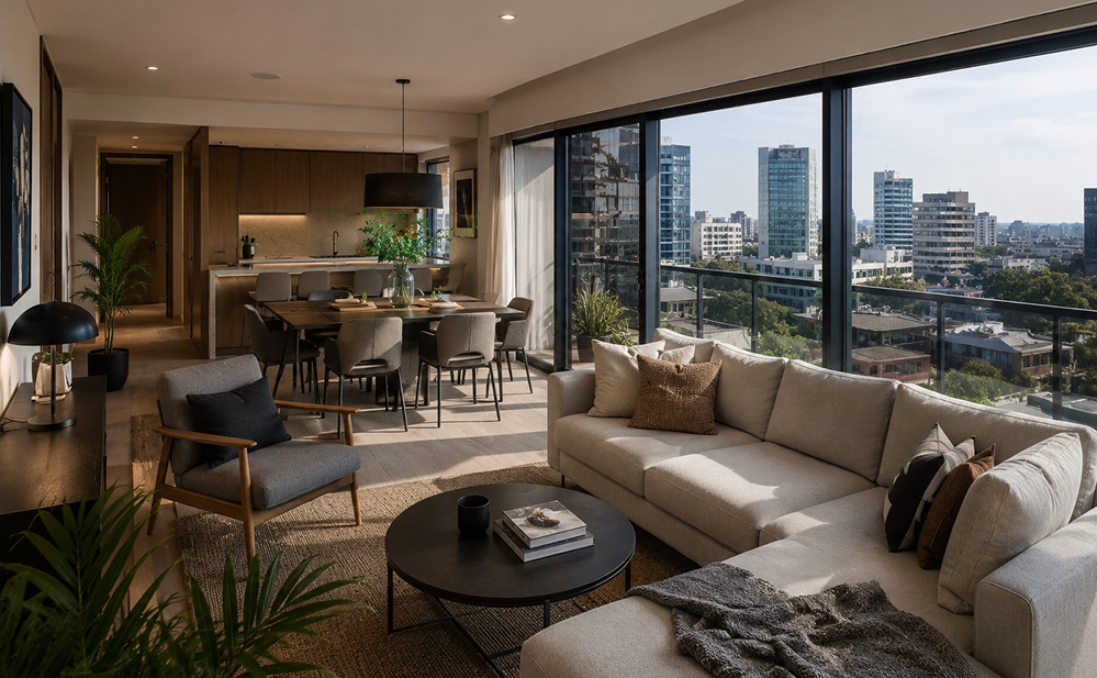Interior de sala y comedor contemporáneo con ventanales de piso a techo, sofá claro, mesa de comedor y vista urbana de edificios desde un apartamento de lujo.