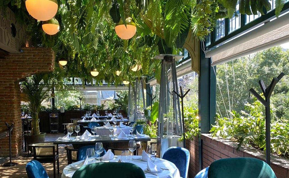Terraza elegante en Avenida Masaryk, Polanco, con abundante vegetación colgante, mesas decoradas y ambiente sofisticado al aire libre en Ciudad de México.