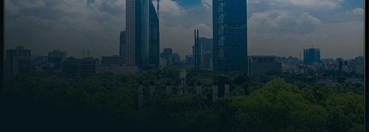 Vista panorámica de Polanco y Paseo de la Reforma en Ciudad de México, con modernos rascacielos rodeados de extensas áreas verdes y cielo nublado.